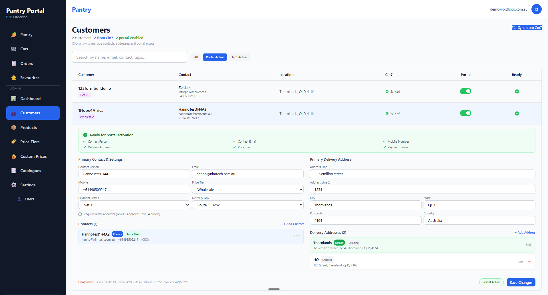 Cin7 POP customer management screen