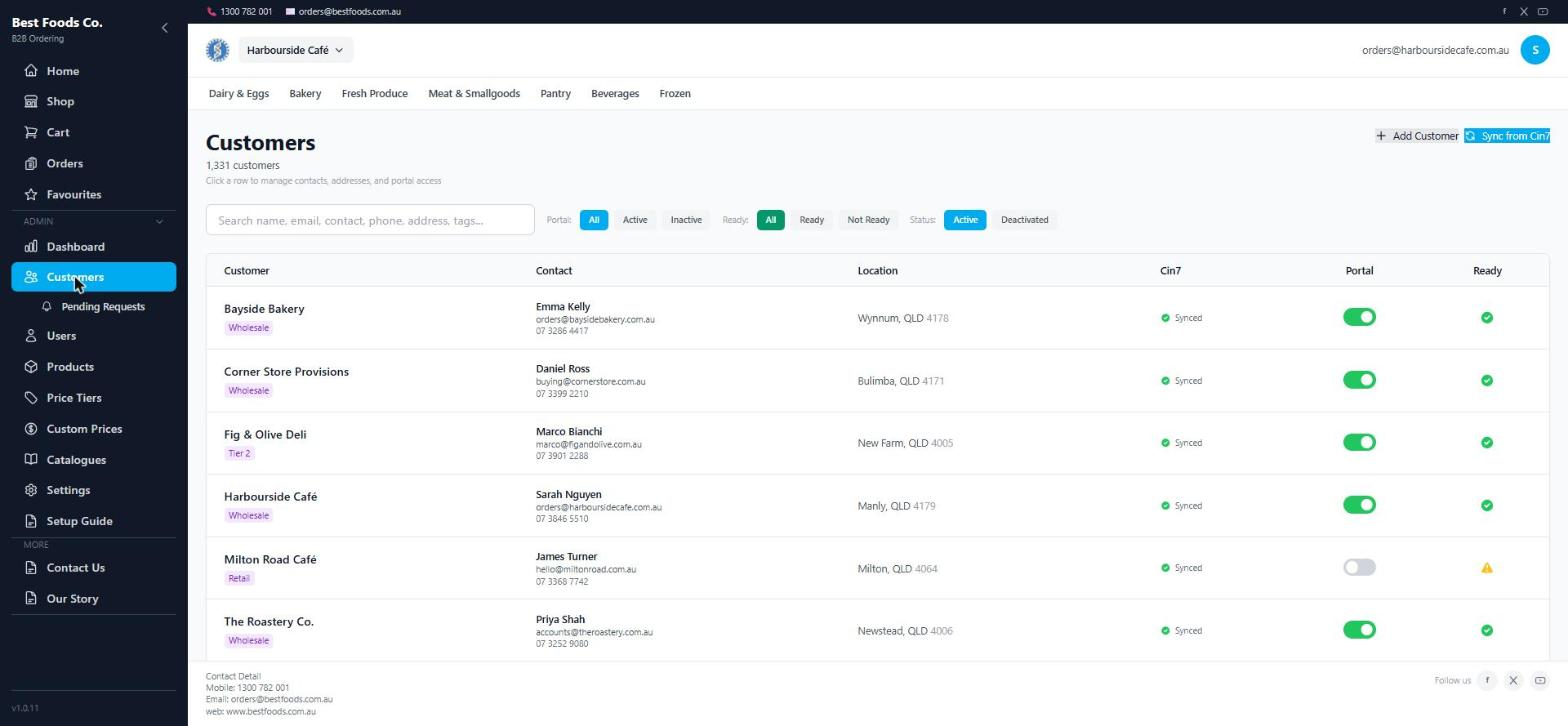 Cin7 POP customer management showing portal access, price tiers and readiness