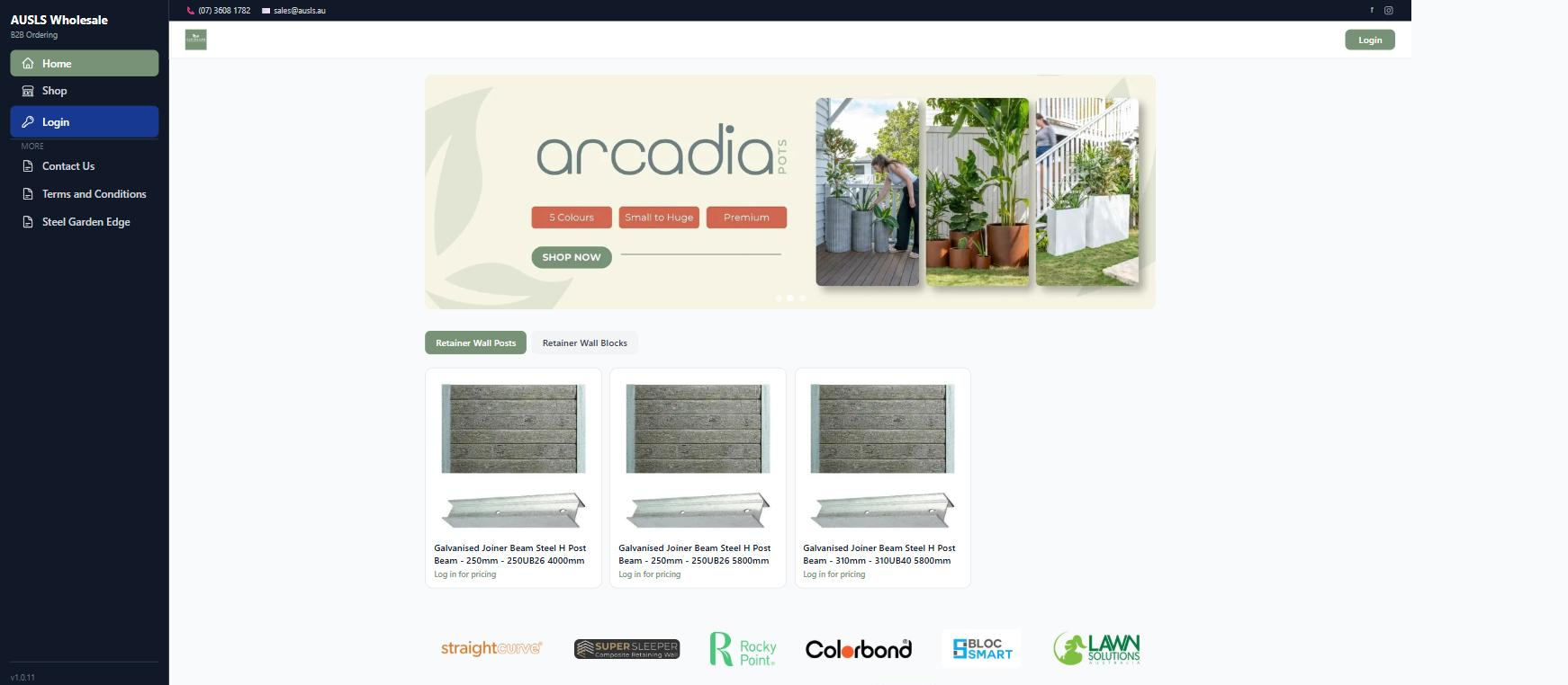 A live landscape supplies wholesaler's public site with guest browsing and log-in-for-pricing