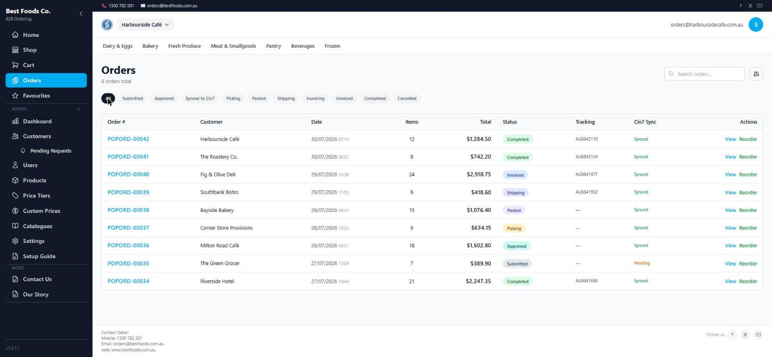 Cin7 POP order history showing statuses and Cin7 sync state