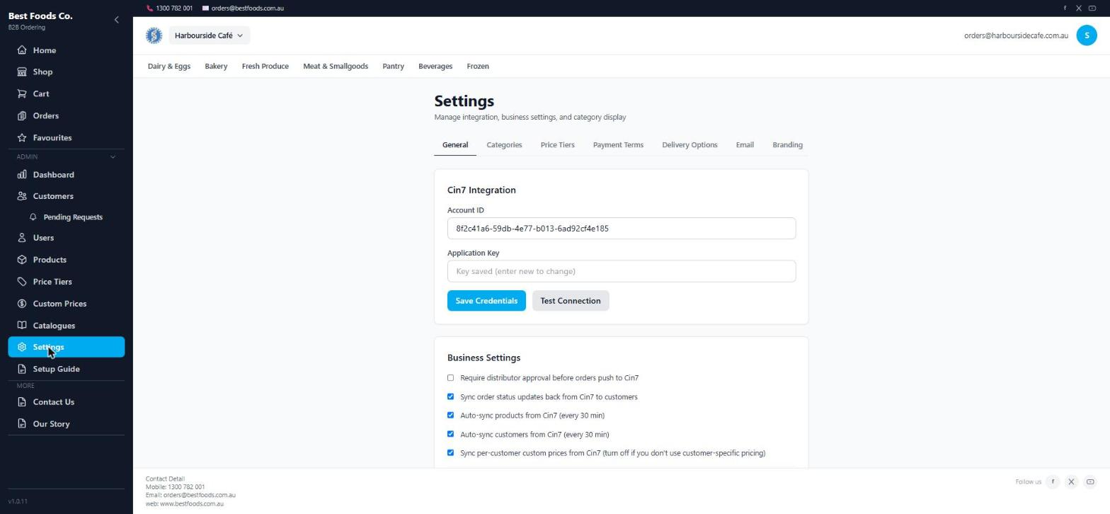 Cin7 POP settings showing the Cin7 Core integration and sync options